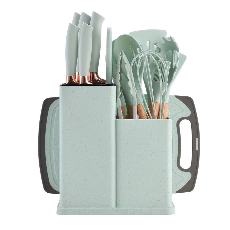Conjunto Premium de 19 Utensílios de Cozinha em Silicone e Madeira