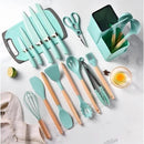 Conjunto Premium de 19 Utensílios de Cozinha em Silicone e Madeira